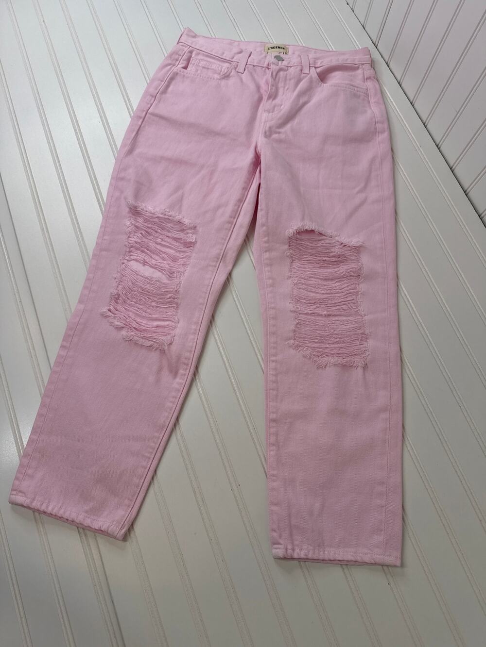 NWOT L'AGENCE Stove Pipe Adele Jeans Pink High Waist Distressed Cropped Size 25